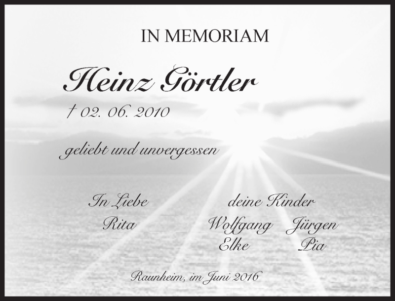 Traueranzeige für Heinz Görtler vom 04.06.2016 aus  Mainspitze