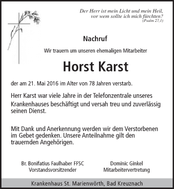 Traueranzeige von Horst Karst von  Allg. Zeitung Bad Kreuznach