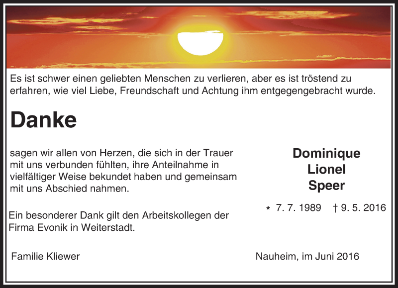  Traueranzeige für Dominique Lionel Speer vom 03.06.2016 aus Trauerportal Echo Online