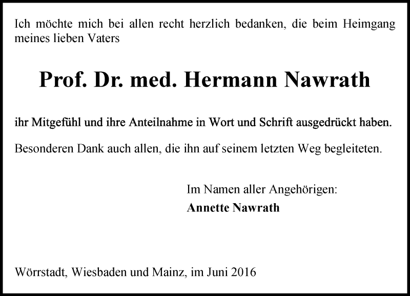 Traueranzeige für Hermann Nawrath vom 11.06.2016 aus  Wiesbaden komplett