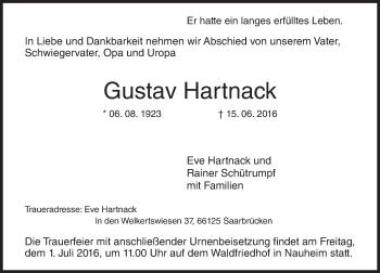 Traueranzeige von Gustav Hartnack von Trauerportal Echo Online