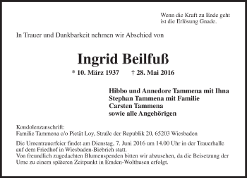 Traueranzeige von Ingrid Beilfuß von  Wiesbaden komplett