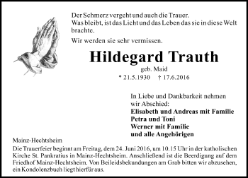 Traueranzeige von Hildegard Trauth von Trauerportal Rhein Main Presse