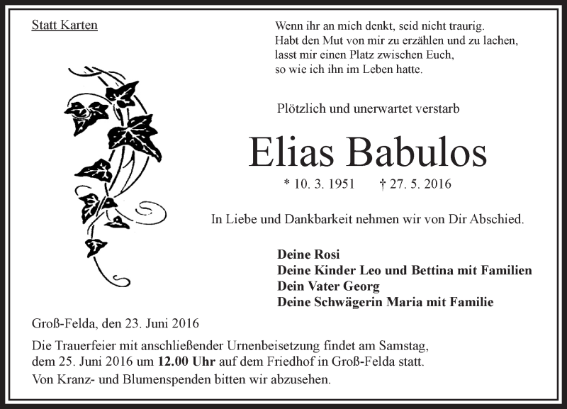  Traueranzeige für Elias Babulos vom 23.06.2016 aus VRM Trauer