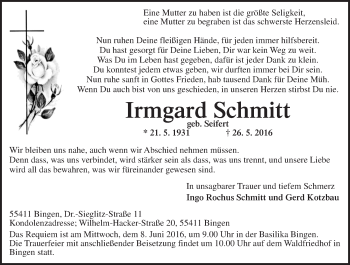 Traueranzeige von Irmgard Schmitt von  Allgemeine  Zeitung Ingelheim-Bingen