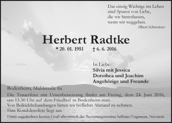 Traueranzeige von Herbert Radtke von Trauerportal Rhein Main Presse