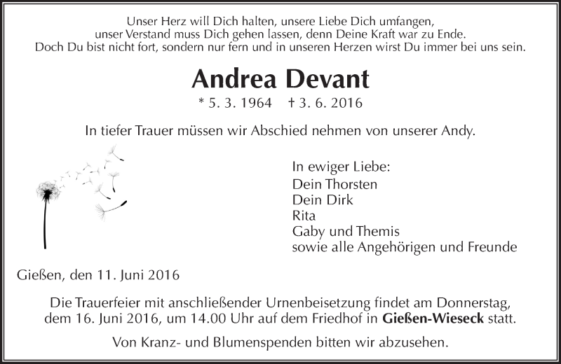  Traueranzeige für Andrea Devant vom 11.06.2016 aus  Gießener Anzeiger