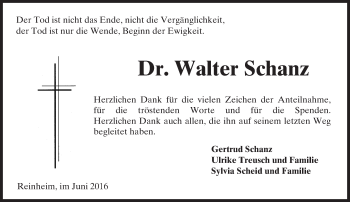 Traueranzeige von Walter Schanz von Trauerportal Echo Online