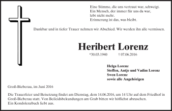 Traueranzeige von Heribert Lorenz von Trauerportal Echo Online