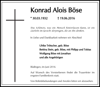 Traueranzeige von Konrad Alois Böse von  Kreisanzeiger