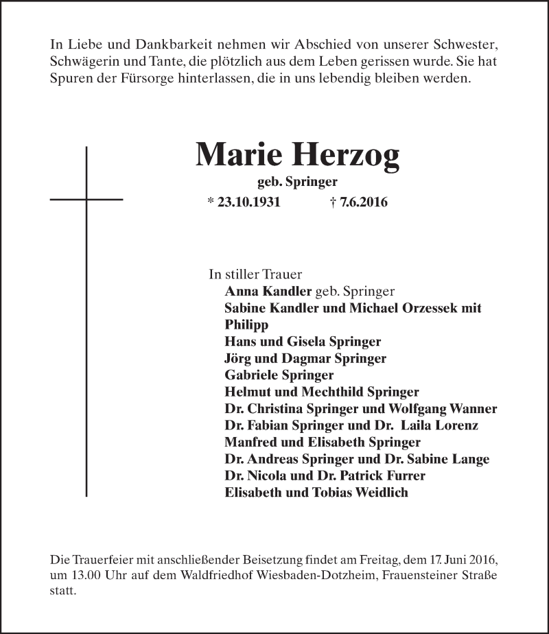  Traueranzeige für Marie Herzog vom 11.06.2016 aus  Wiesbaden komplett