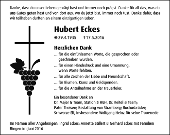 Traueranzeige von Hubert Eckes von Trauerportal Rhein Main Presse