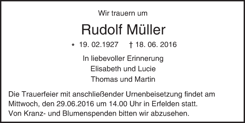  Traueranzeige für Rudolf Müller vom 25.06.2016 aus Trauerportal Echo Online