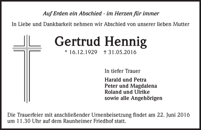  Traueranzeige für Gertrud Hennig vom 18.06.2016 aus Trauerportal Rhein Main Presse