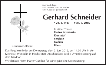 Traueranzeige von Gerhard Schneider von  Gelnhäuser Tageblatt