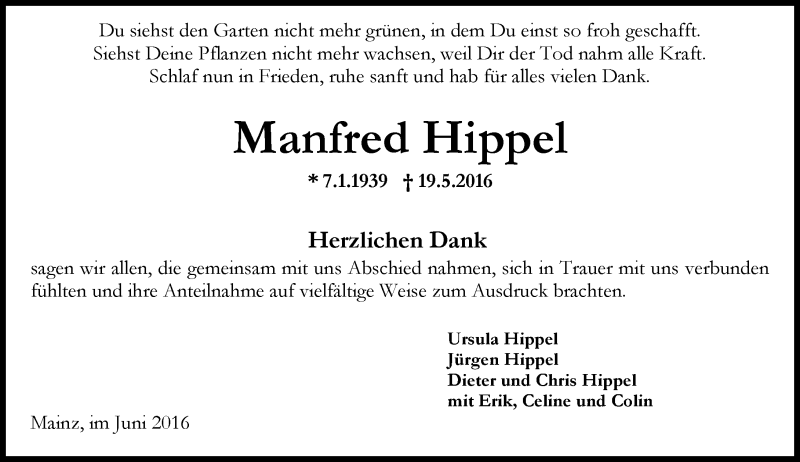  Traueranzeige für Manfred Hippel vom 11.06.2016 aus  Allgemeine Zeitung Mainz