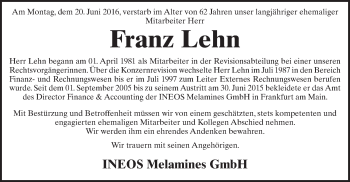 Traueranzeige von Franz Lehn von Trauerportal Rhein Main Presse
