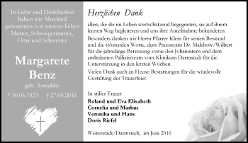 Traueranzeige von Margarete Benz von Trauerportal Echo Online