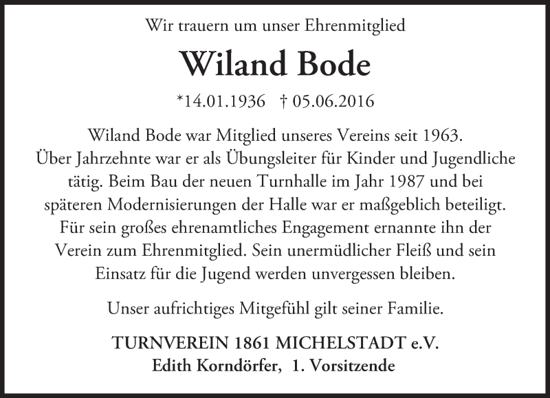  Traueranzeige für Wiland Bode vom 09.06.2016 aus Trauerportal Echo Online