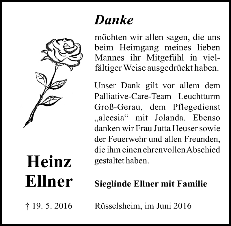  Traueranzeige für Heinz Ellner vom 11.06.2016 aus  Mainspitze