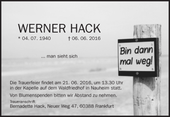Traueranzeige von Werner Hack von Trauerportal Echo Online