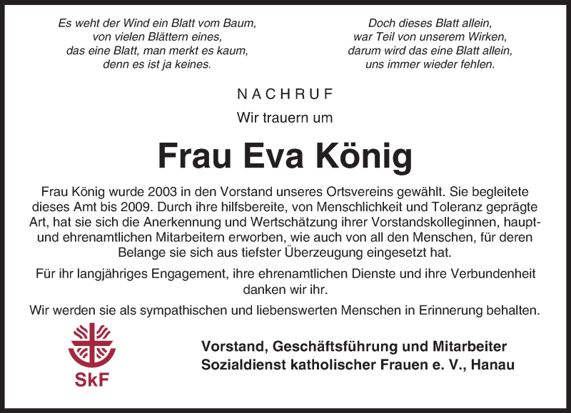  Traueranzeige für Eva König vom 11.06.2016 aus  Gelnhäuser Tageblatt