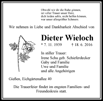 Traueranzeige von Dieter Wieloch von  Gießener Anzeiger