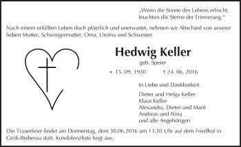 Traueranzeige von Hedwig Keller von Trauerportal Echo Online