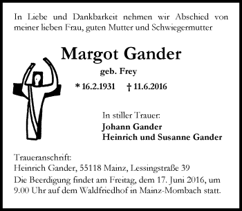 Traueranzeige von Margot Gander von Trauerportal Rhein Main Presse