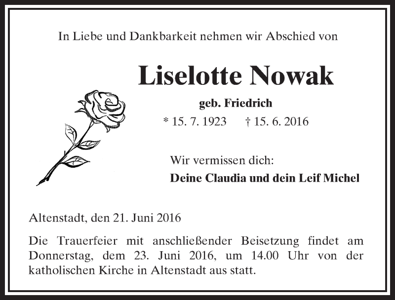  Traueranzeige für Liselotte Nowak vom 21.06.2016 aus  Kreisanzeiger