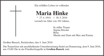 Traueranzeige von Maria Hinke von  Gießener Anzeiger