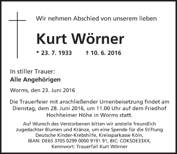 Traueranzeige von Kurt Wörner von Trauerportal Rhein Main Presse