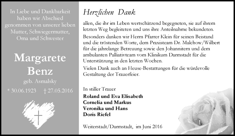  Traueranzeige für Margarete Benz vom 18.06.2016 aus Trauerportal Echo Online