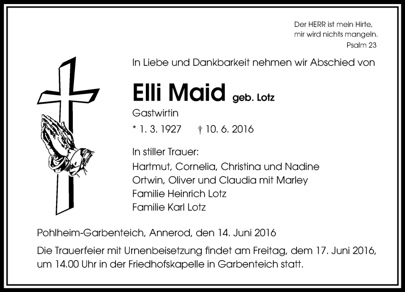  Traueranzeige für Elli Maid vom 14.06.2016 aus  Gießener Anzeiger