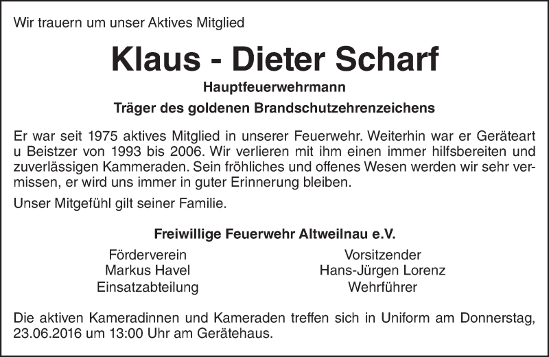  Traueranzeige für Klaus-Dieter Scharf vom 18.06.2016 aus  Usinger Anzeiger