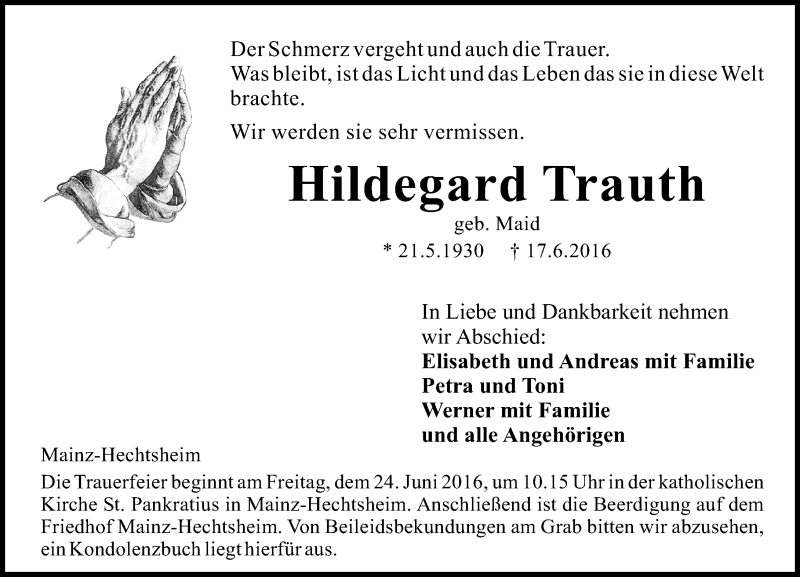  Traueranzeige für Hildegard Trauth vom 21.06.2016 aus Trauerportal Rhein Main Presse