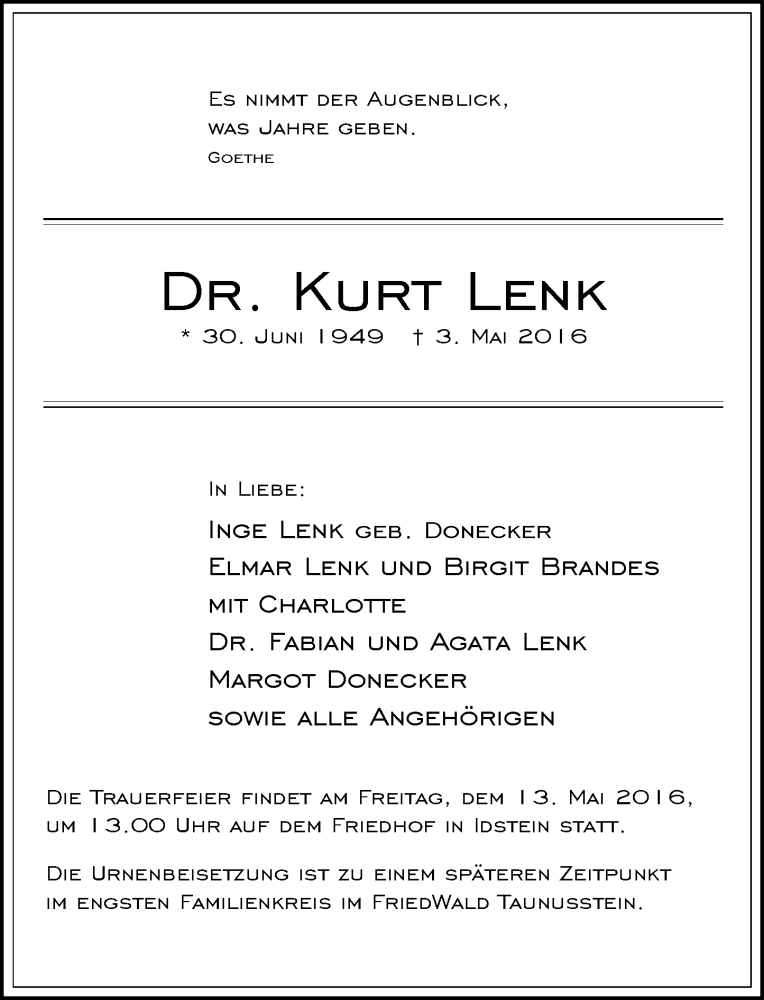  Traueranzeige für Kurt Lenk vom 07.05.2016 aus  Idsteiner Zeitung