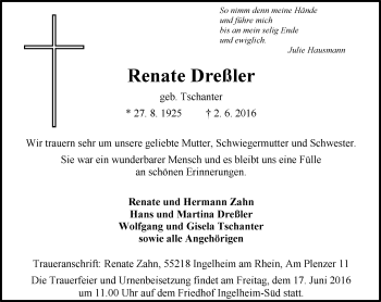 Traueranzeige von Renate Dreßler von  Allgemeine  Zeitung Ingelheim-Bingen