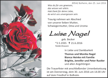 Traueranzeige von Luise Nagel von Trauerportal Echo Online
