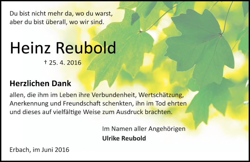 Traueranzeige für Heinz Reubold vom 04.06.2016 aus Trauerportal Echo Online