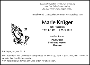 Traueranzeige von Marie Krüger von  Kreisanzeiger