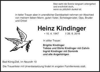 Traueranzeige von Heinz Kindinger von Trauerportal Echo Online