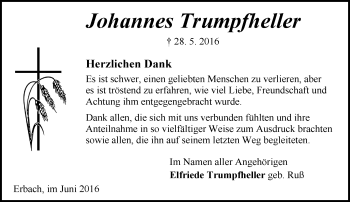 Traueranzeige von Johannes Trumpfheller von Trauerportal Echo Online
