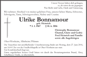 Traueranzeige von Ulrike Bonnamour von Trauerportal Rhein Main Presse
