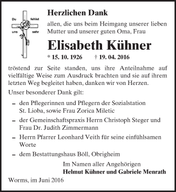 Traueranzeige von Elisabeth Kühner von Trauerportal Rhein Main Presse