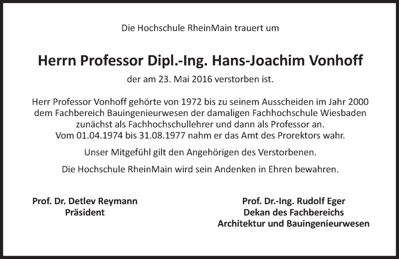  Traueranzeige für Hans-Joachim Vonhoff vom 04.06.2016 aus  Wiesbaden komplett