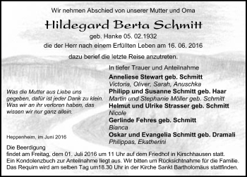 Traueranzeige von Hildegard Berta Schmitt von Trauerportal Echo Online