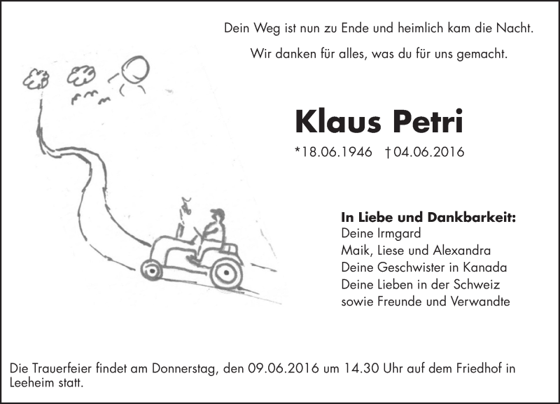  Traueranzeige für Klaus Petri vom 07.06.2016 aus Trauerportal Echo Online