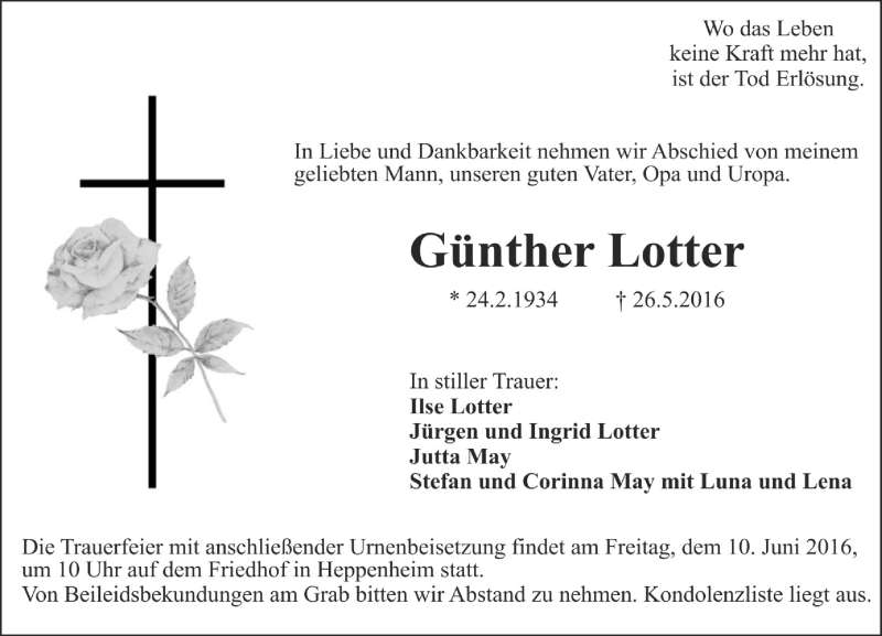  Traueranzeige für Günther Lotter vom 07.06.2016 aus Trauerportal Echo Online