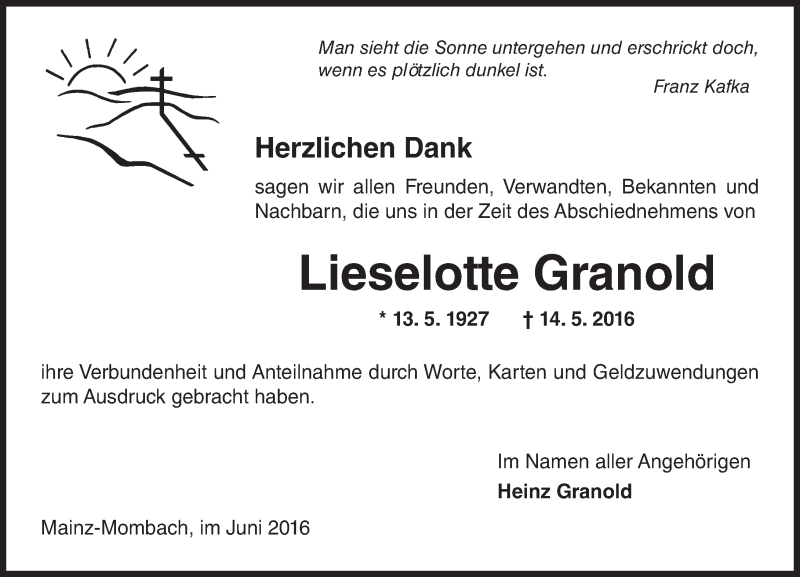  Traueranzeige für Lieselotte Granold vom 11.06.2016 aus  Allgemeine Zeitung Mainz